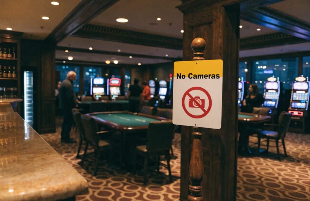 Ein Schild mit einer durchgestrichenen Kamera mit einem Casino-Saal im Hintergrund. 